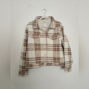 Joie cream and tan button-up plaid flannel jacket warm cozy Fall | Size XL